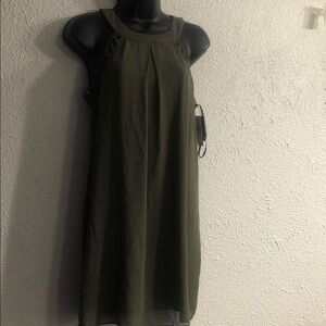 Sleeveless Olive Midi Dress with Pleated Front